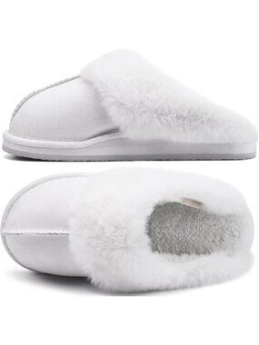 Womens Snow White Cozy Memory Comfy Winter Scuff Indoor Outdoor Rubber Hard Sole